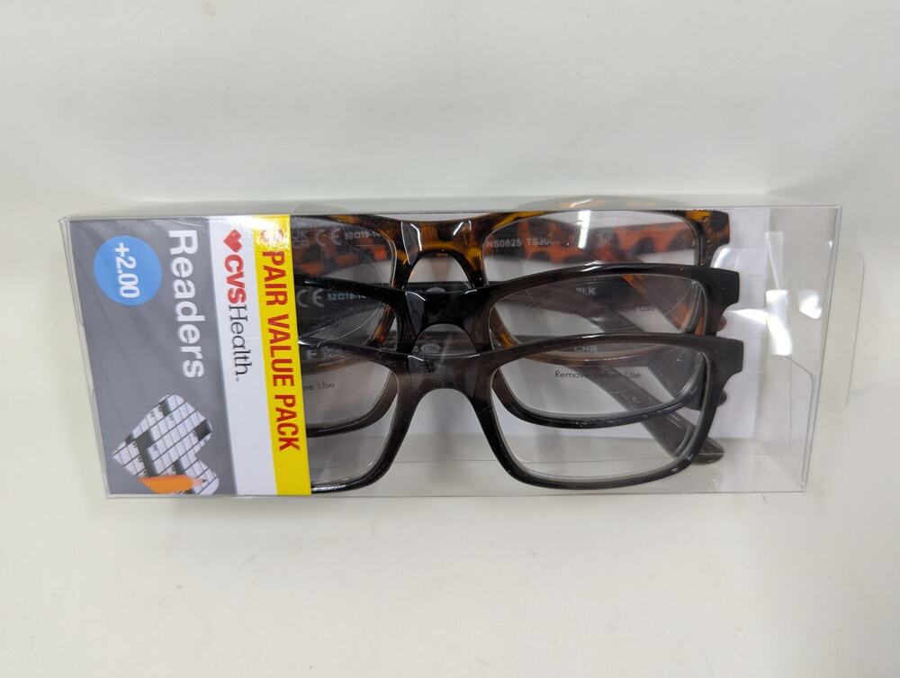 CVS Health reading glasses+2.00 3 pair pack 5013844 new black & tortoise shell